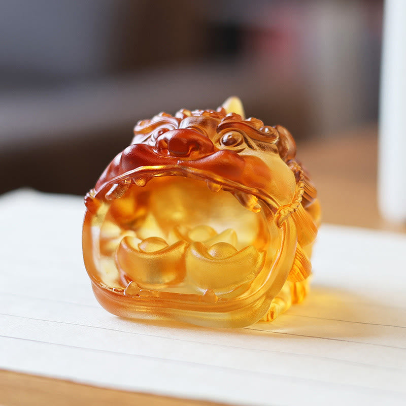 Buddha Stones Handmade Liuli Crystal Gold Swallowing PiXiu Art Piece Home Decoration