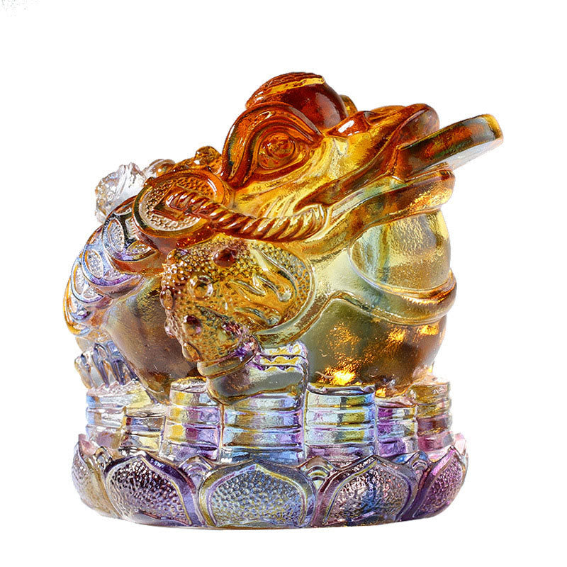 Buddha Stones Feng Shui Frog Coins Handmade Liuli Crystal Art Piece Wealth Home Office Decoration