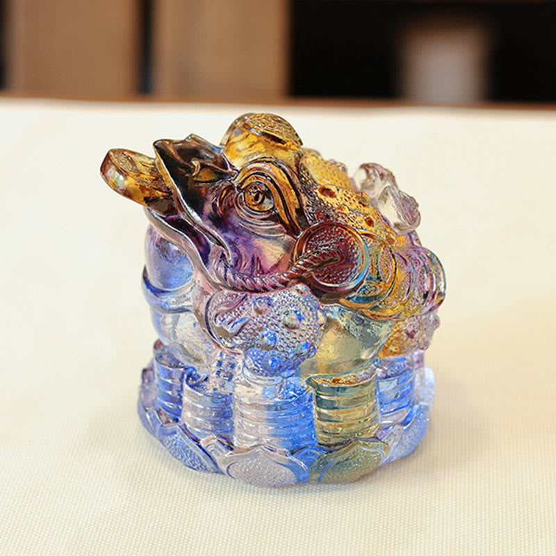 Buddha Stones Feng Shui Frog Coins Handmade Liuli Crystal Art Piece Wealth Home Office Decoration