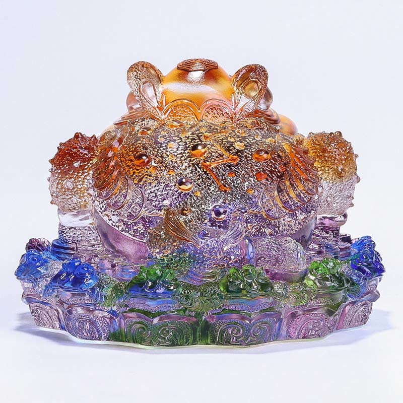 Buddha Stones Feng Shui Frog Coins Handmade Liuli Crystal Art Piece Wealth Home Office Decoration