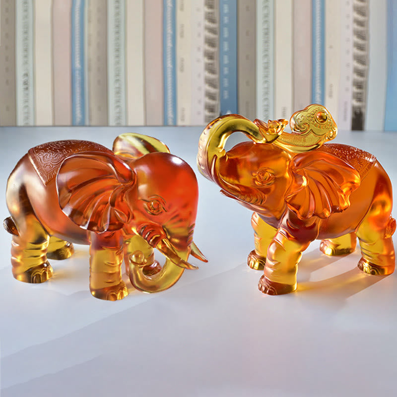 Buddha Stones Yellow Liuli Crystal Elephant Trunk Up Down Design Strength Home Decoration