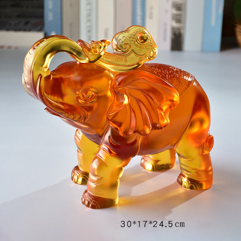 Buddha Stones Yellow Liuli Crystal Elephant Trunk Up Down Design Strength Home Decoration