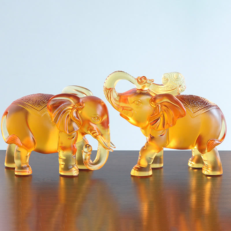 Buddha Stones Yellow Liuli Crystal Elephant Trunk Up Down Design Strength Home Decoration