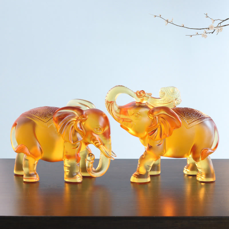 Buddha Stones Yellow Liuli Crystal Elephant Trunk Up Down Design Strength Home Decoration
