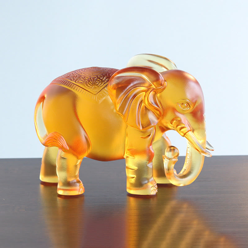 Buddha Stones Yellow Liuli Crystal Elephant Trunk Up Down Design Strength Home Decoration