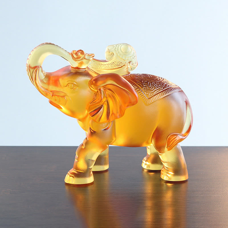 Buddha Stones Yellow Liuli Crystal Elephant Trunk Up Down Design Strength Home Decoration