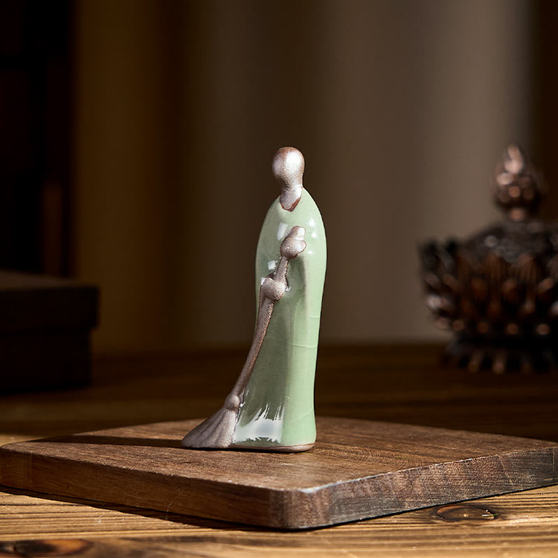 Buddha Stones Small Formless Buddha Sweeping Monk Ceramic Statue Home Decoration 3.5*1.5*7cm