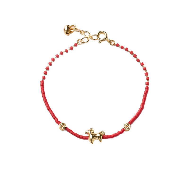 Buddha Stones 925 Sterling Silver Plated Gold Year of the Horse Red Liuli Glass Prosperity Bracelet