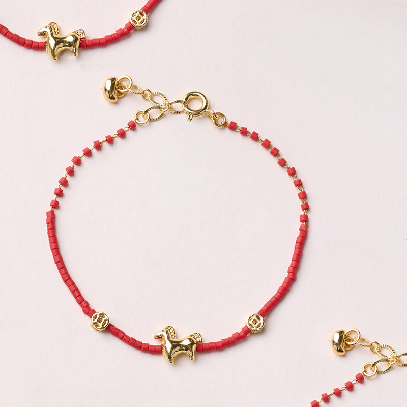 Buddha Stones 925 Sterling Silver Plated Gold Year of the Horse Red Liuli Glass Prosperity Bracelet