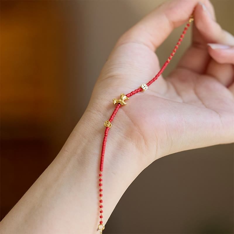 Buddha Stones 925 Sterling Silver Plated Gold Year of the Horse Red Liuli Glass Prosperity Bracelet