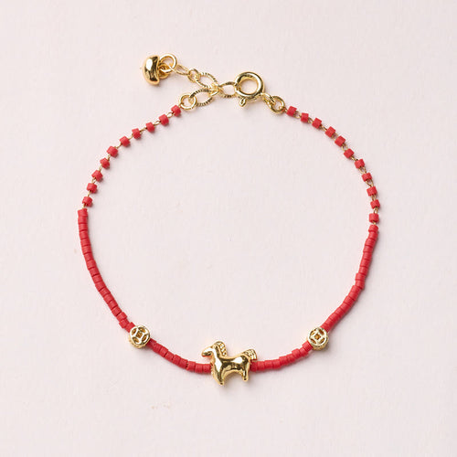 Buddha Stones 925 Sterling Silver Plated Gold Year of the Horse Red Liuli Glass Prosperity Bracelet