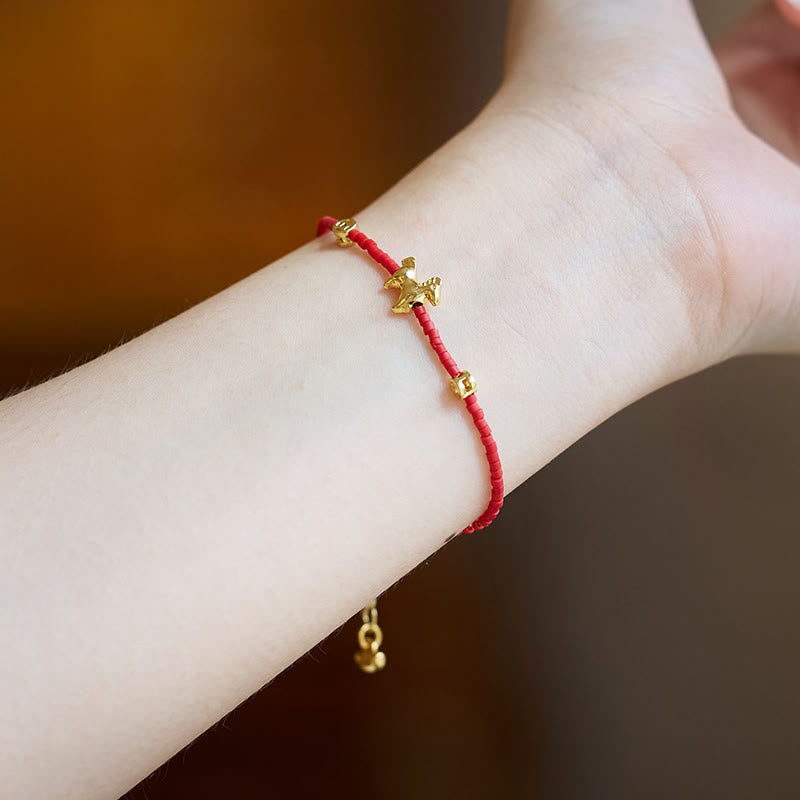Buddha Stones 925 Sterling Silver Plated Gold Year of the Horse Red Liuli Glass Prosperity Bracelet