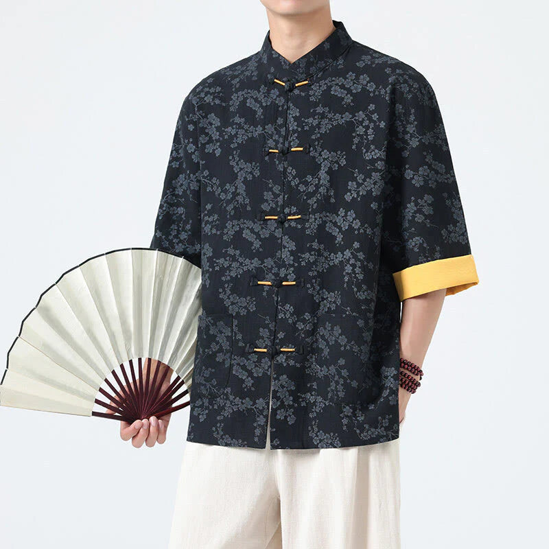 Buddha Stones Summer Peach Blossoms Pattern Chinese Frog-Button Cotton Linen Short Sleeve Men's Shirt