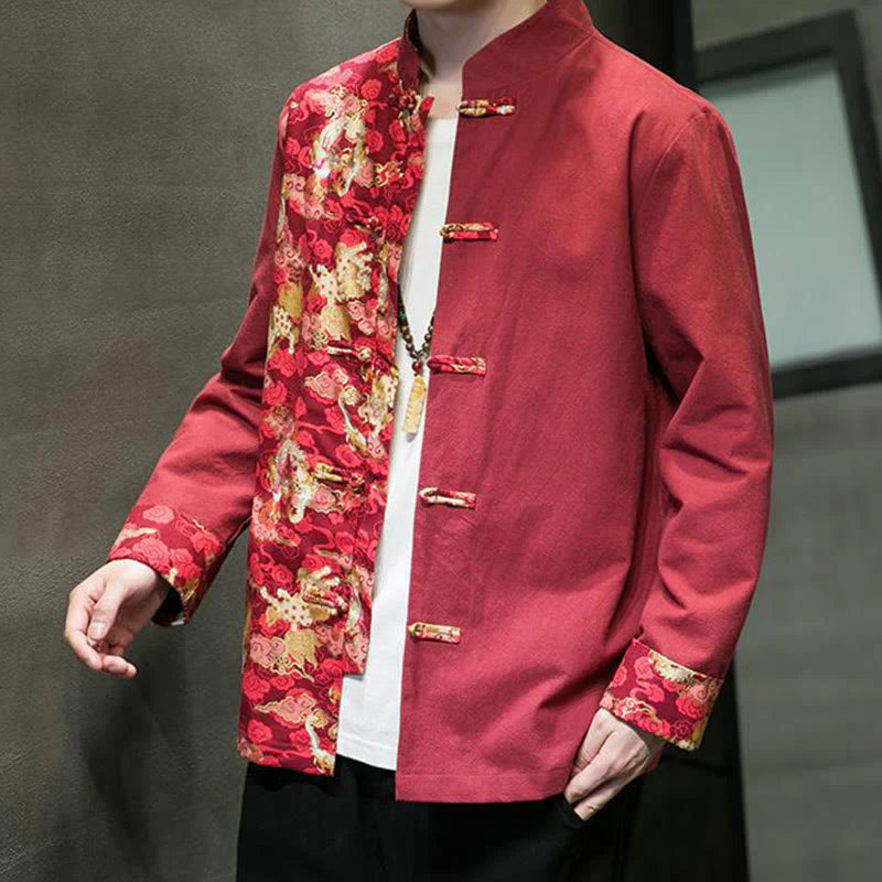 Buddha Stones Printed Color Contrast Dragon Pattern Frog-button Long Sleeve Men's Cotton Jacket