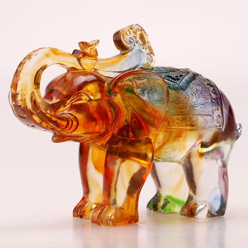 Buddha Stones Handmade Liuli Crystal Elephant Art Piece Wisdom Wealth Home Decoration