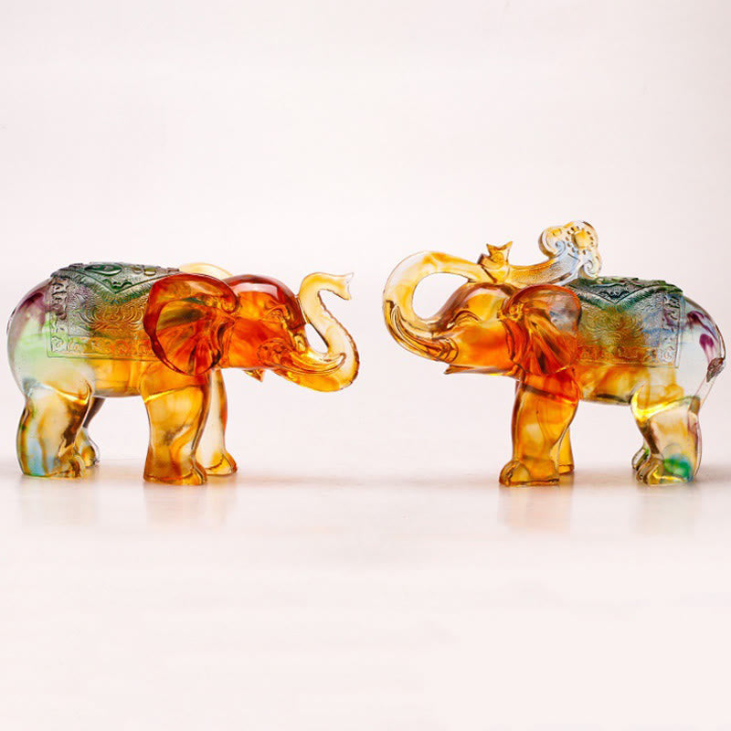 Buddha Stones Handmade Liuli Crystal Elephant Art Piece Wisdom Wealth Home Decoration