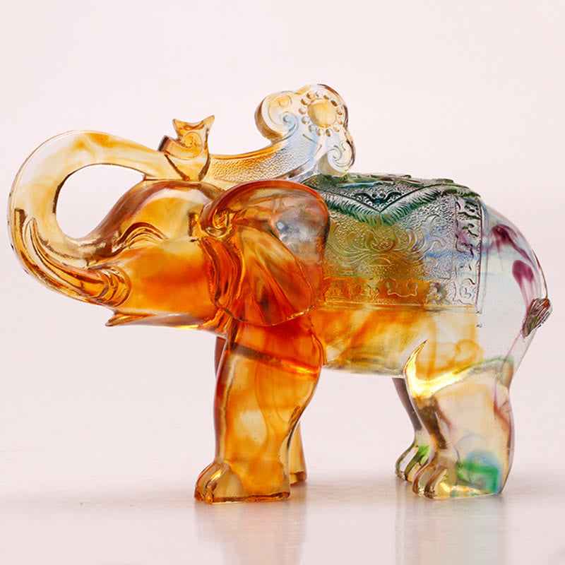 Buddha Stones Handmade Liuli Crystal Elephant Art Piece Wisdom Wealth Home Decoration