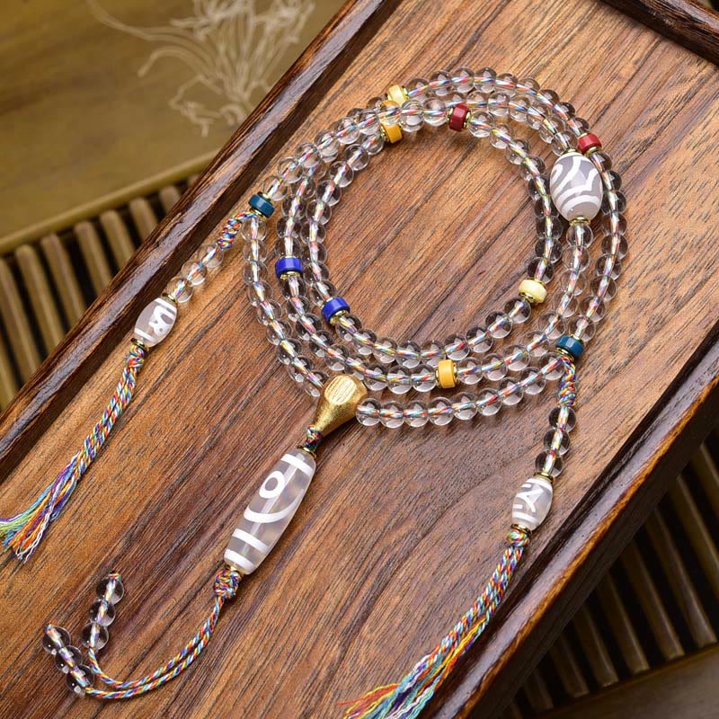 Buddha Stones 108 Beads Liuli Crystal Dzi Bead Agate Blessings Tassel Mala