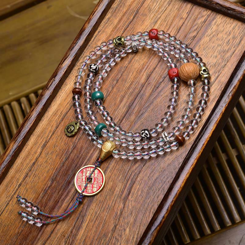 Buddha Stones 108 Beads Liuli Crystal Dzi Bead Agate Blessings Tassel Mala