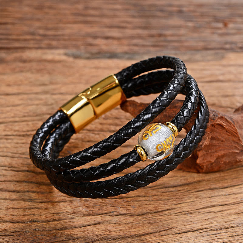 Buddha Stones Multicolored Bead Green Tiger Eye Amethyst Craved Six True Words Leather Balance Bracelet