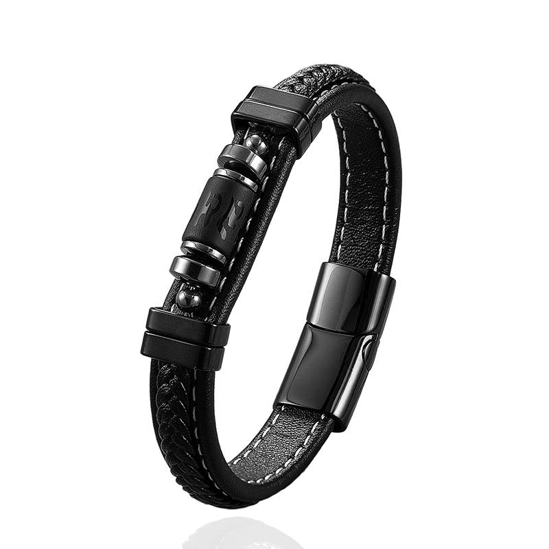 Buddha Stones Om Mani Padme Hum Dragon Symbol Black Onyx Leather Titanium Steel Balance Protection Bracelet