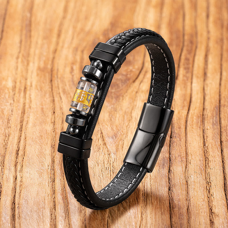 Buddha Stones Om Mani Padme Hum Dragon Symbol Black Onyx Leather Titanium Steel Balance Protection Bracelet