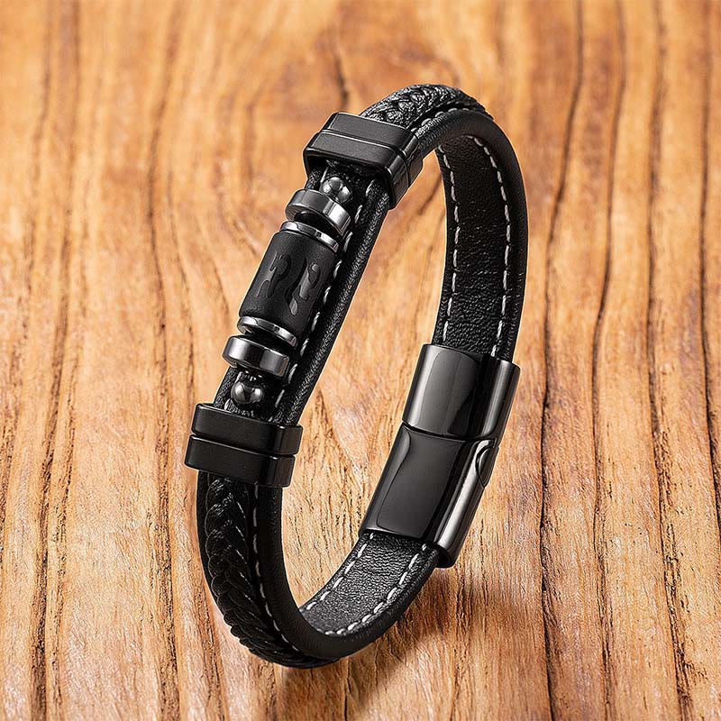 Buddha Stones Om Mani Padme Hum Dragon Symbol Black Onyx Leather Titanium Steel Balance Protection Bracelet