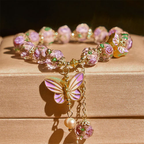 Buddha Stones Double Butterflies Charm Flower Liuli Glass Beaded Love Bracelet
