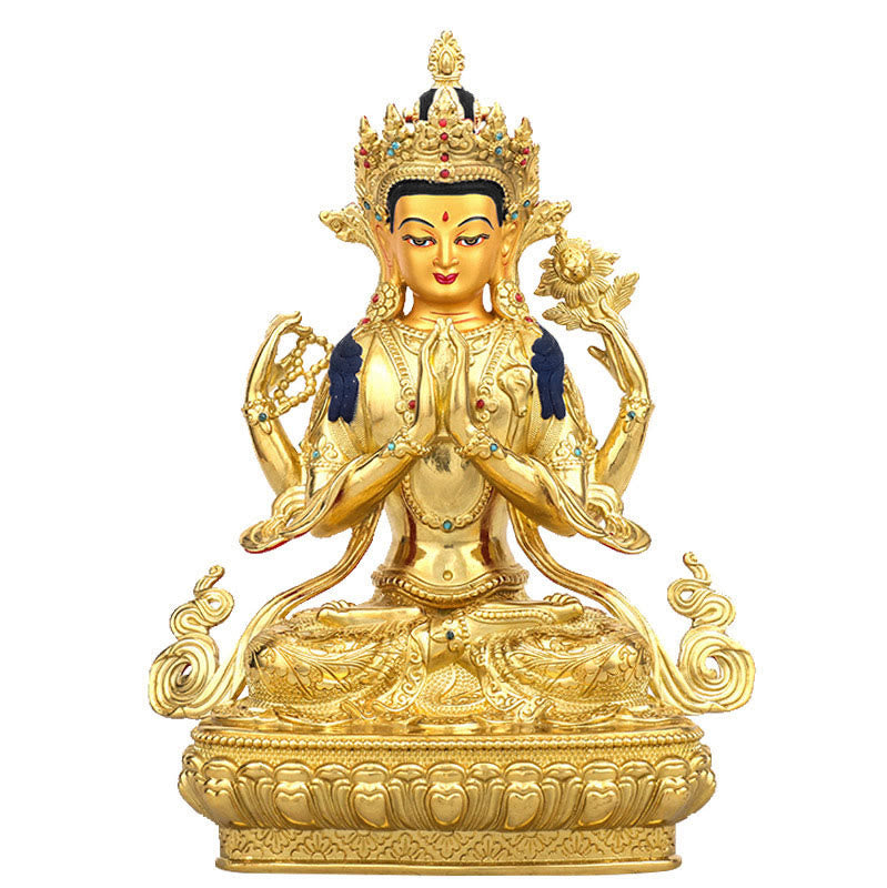 Buddha Stones Chenrezig Four-armed Avalokitesvara Protection Copper Gold Plated Statue Decoration