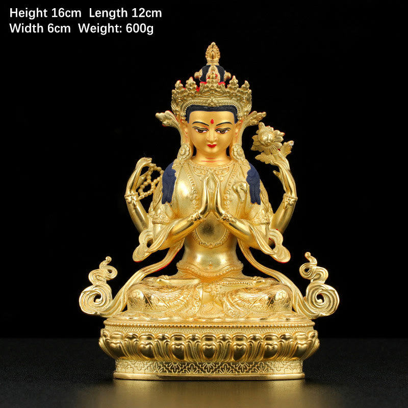 Buddha Stones Chenrezig Four-armed Avalokitesvara Protection Copper Gold Plated Statue Decoration