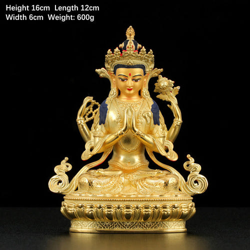 Buddha Stones Chenrezig Four-armed Avalokitesvara Protection Copper Gold Plated Statue Decoration