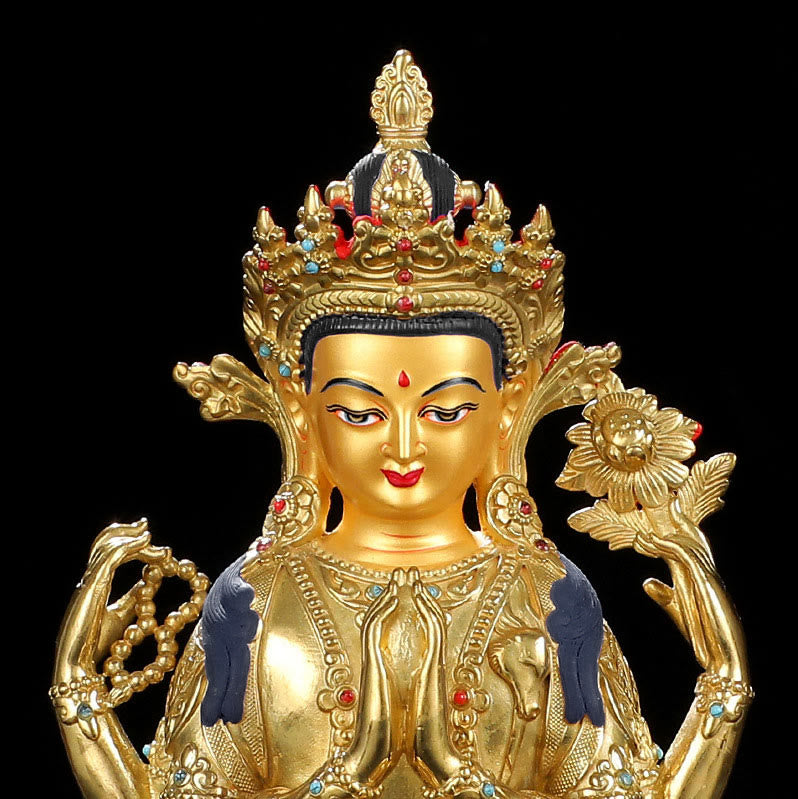 Buddha Stones Chenrezig Four-armed Avalokitesvara Protection Copper Gold Plated Statue Decoration