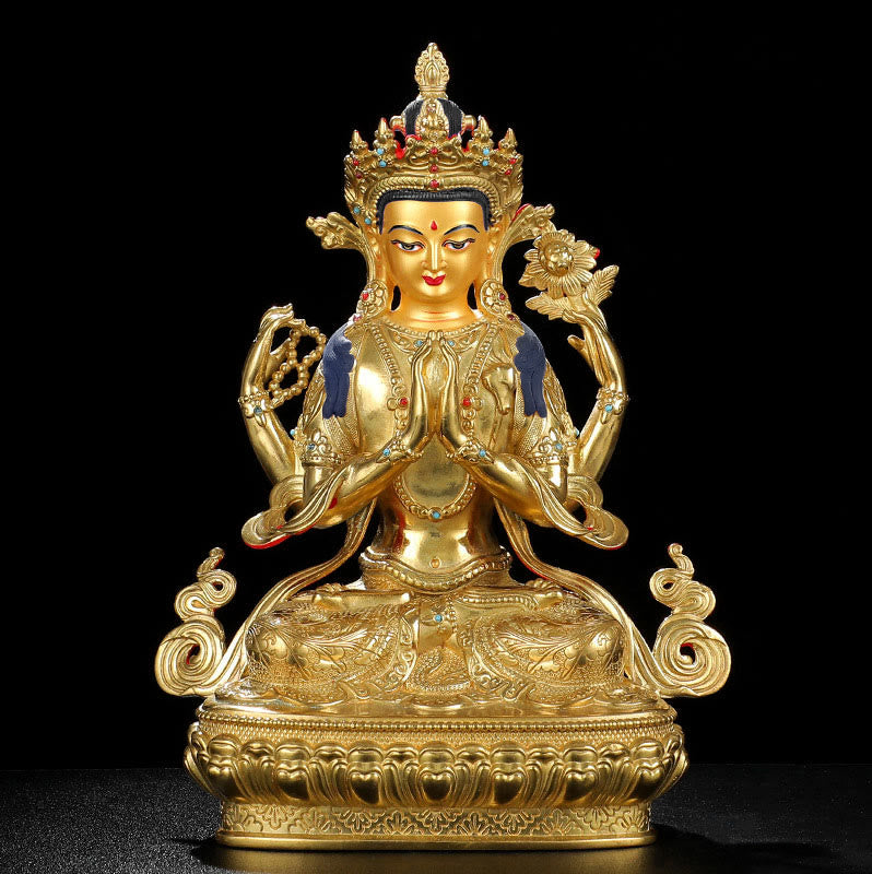 Buddha Stones Chenrezig Four-armed Avalokitesvara Protection Copper Gold Plated Statue Decoration
