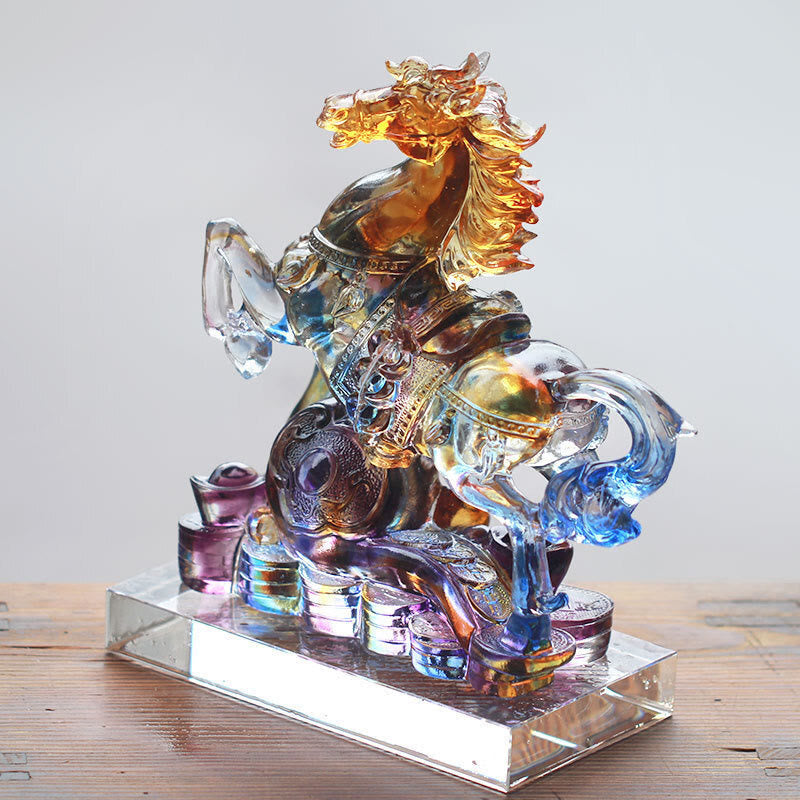 Buddha Stones Year Of The Horse Carved Ruyi Horse Liuli Crystal Art Piece Prosperity Home Office Decoration