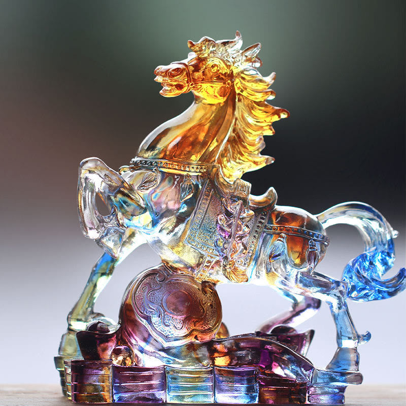 Buddha Stones Year Of The Horse Carved Ruyi Horse Liuli Crystal Art Piece Prosperity Home Office Decoration