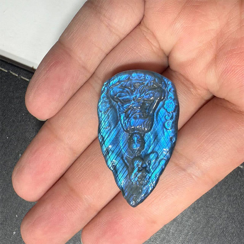 Buddha Stones Engraving Buddha Natural Labradorite Teardrop Shape Figurine Cure Statue Home Decoration