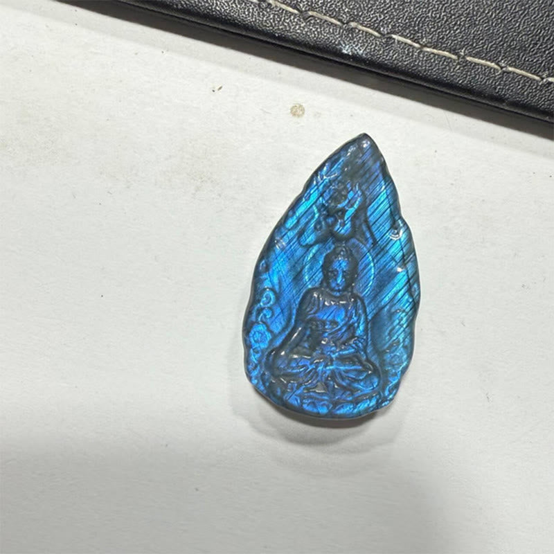 Buddha Stones Engraving Buddha Natural Labradorite Teardrop Shape Figurine Cure Statue Home Decoration