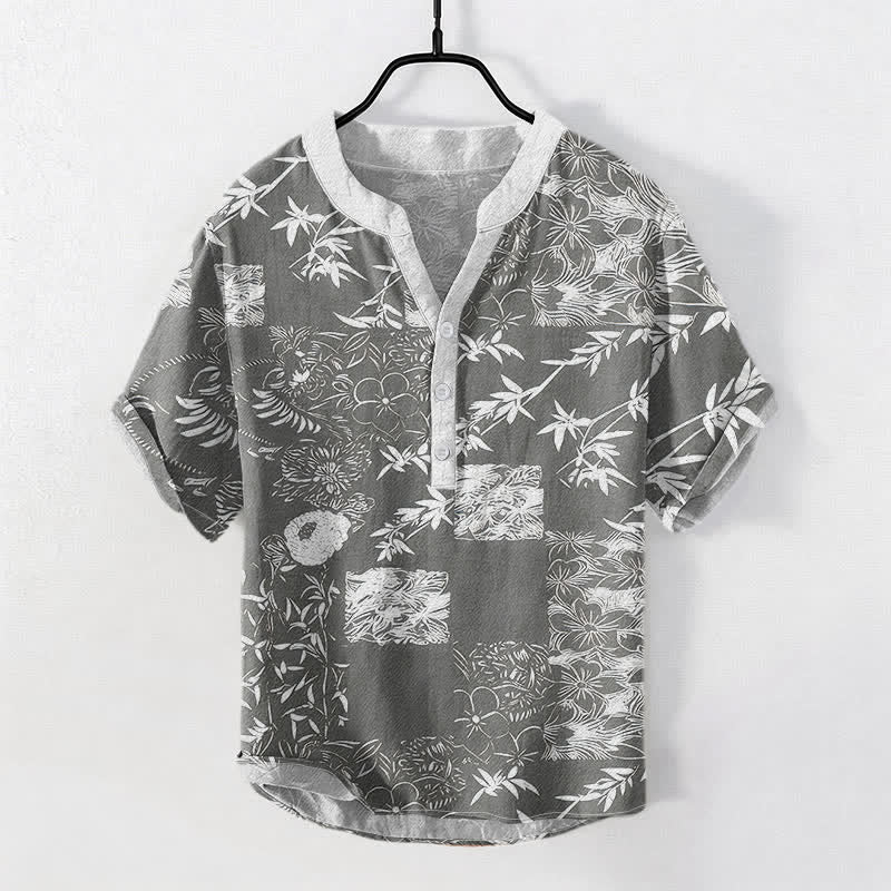 Buddha Stones Cotton Bamboo Plum Emblem Men's Short Sleeve Half Button Shirt