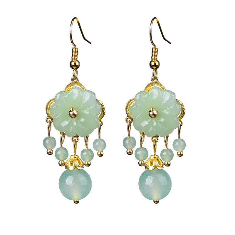 Buddha Stones Green Pink Flower Liuli Glass Drop Earrings