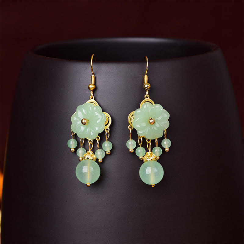 Buddha Stones Green Pink Flower Liuli Glass Drop Earrings