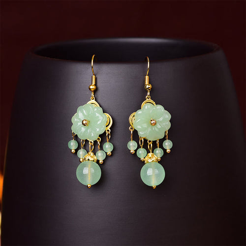 Buddha Stones Green Pink Flower Liuli Glass Drop Earrings