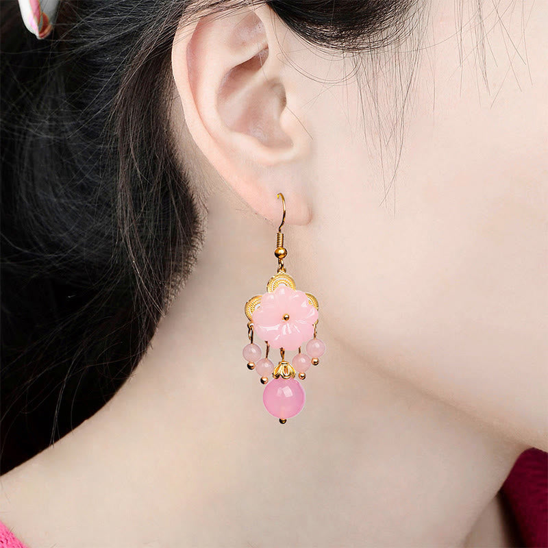 Buddha Stones Green Pink Flower Liuli Glass Drop Earrings