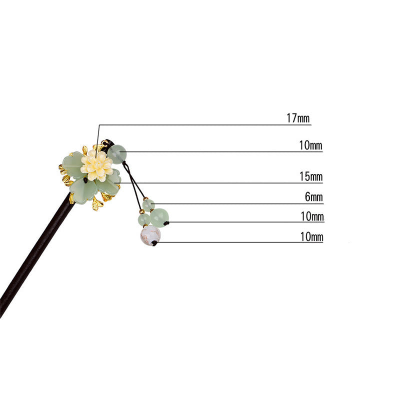 Buddha Stones Green Yellow White Flower Liuli Glass Wood Hairpin