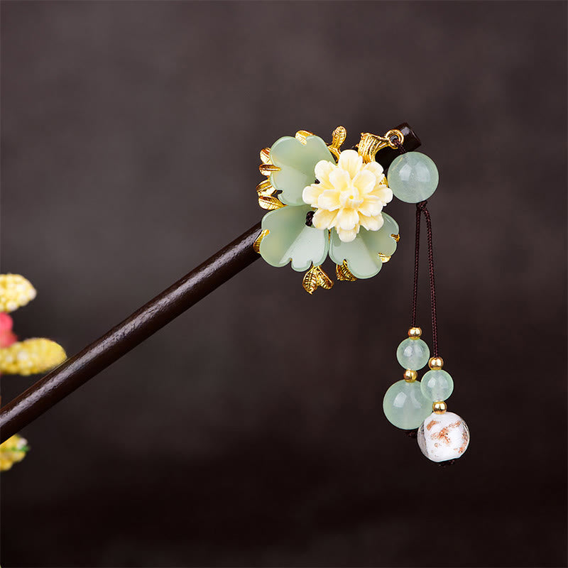 Buddha Stones Green Yellow White Flower Liuli Glass Wood Hairpin