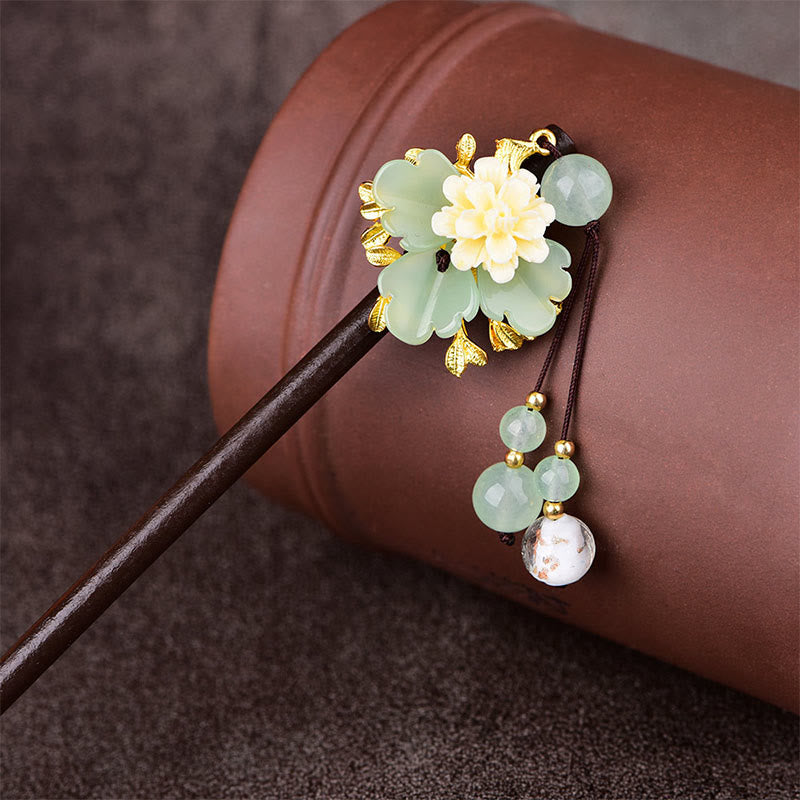 Buddha Stones Green Yellow White Flower Liuli Glass Wood Hairpin