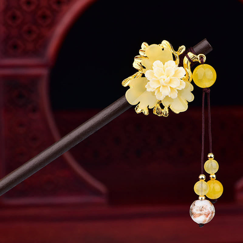 Buddha Stones Green Yellow White Flower Liuli Glass Wood Hairpin