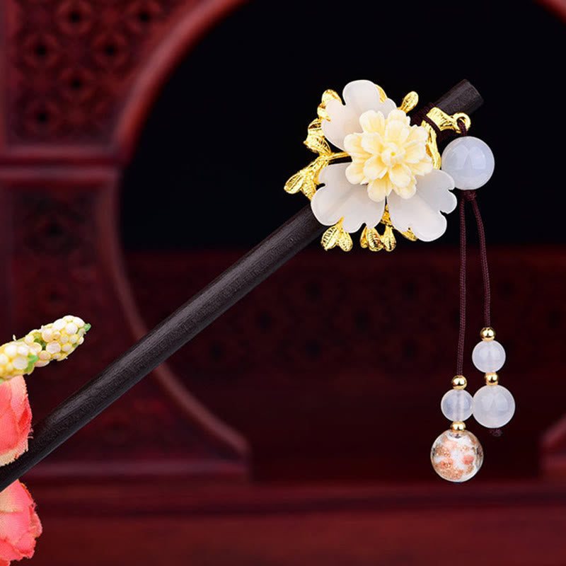 Buddha Stones Green Yellow White Flower Liuli Glass Wood Hairpin
