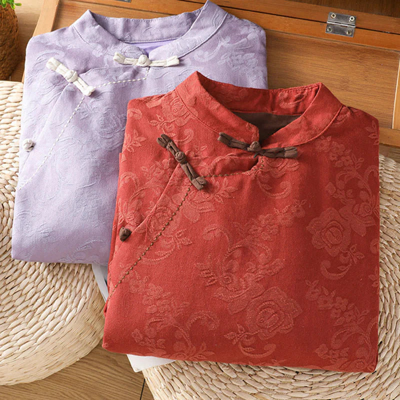 Buddha Stones Fall Jacquard Floral Print Frog-Button Stand Collar Long Sleeve Women's Cotton Shirt