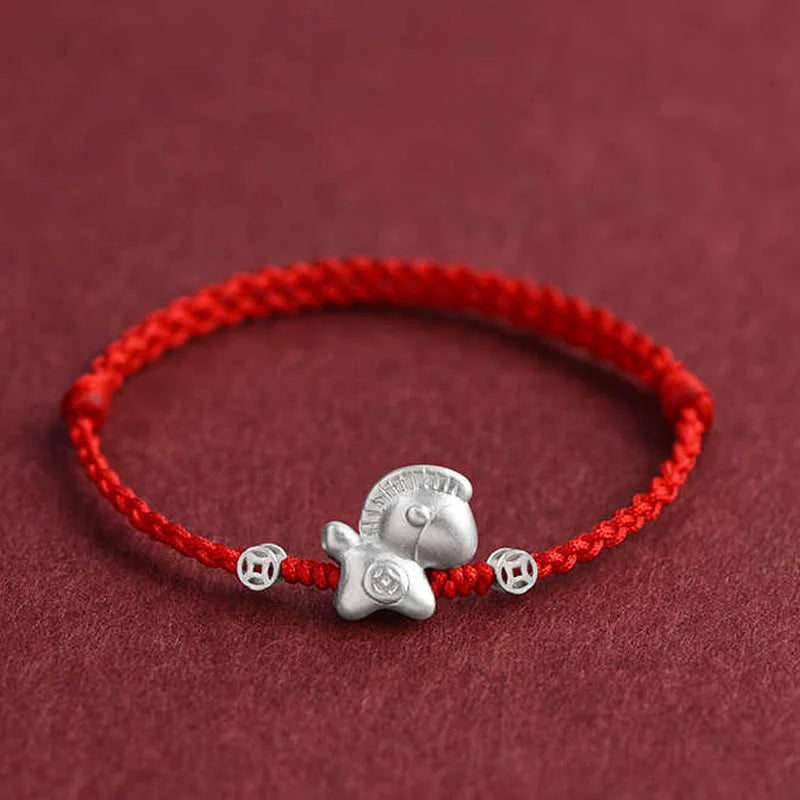 Buddha Stones Year of the Horse 999 Sterling Silver Copper Coins Luck Rope Braided Bracelet Anklet