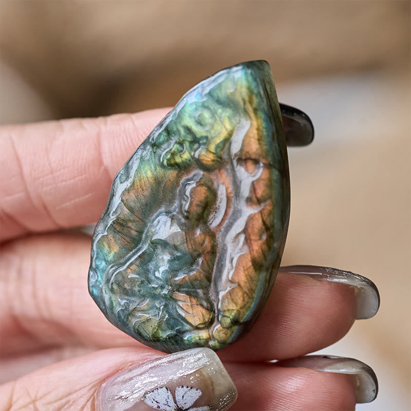 Buddha Stones Engraving Buddha Natural Labradorite Teardrop Shape Figurine Cure Statue Home Decoration
